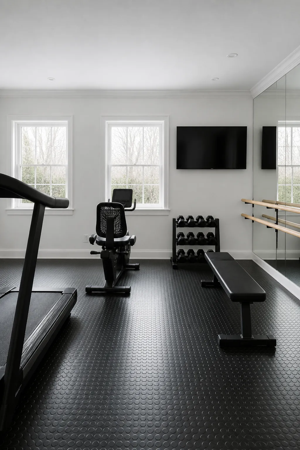 Minimalist home gym decorated in a crisp monochrome color palette