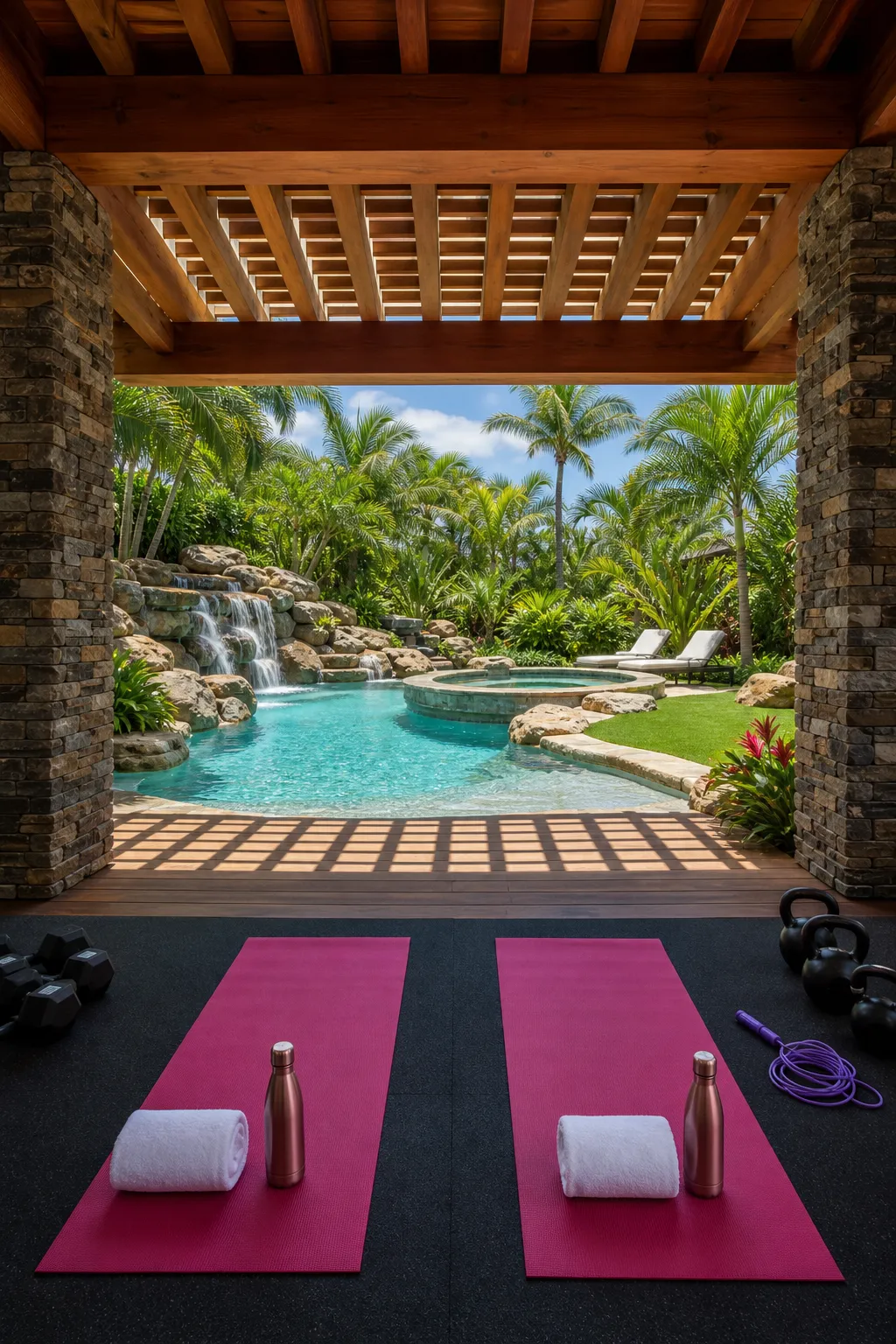 Open-air yoga pavilion positioned beside a tranquil swimming pool
