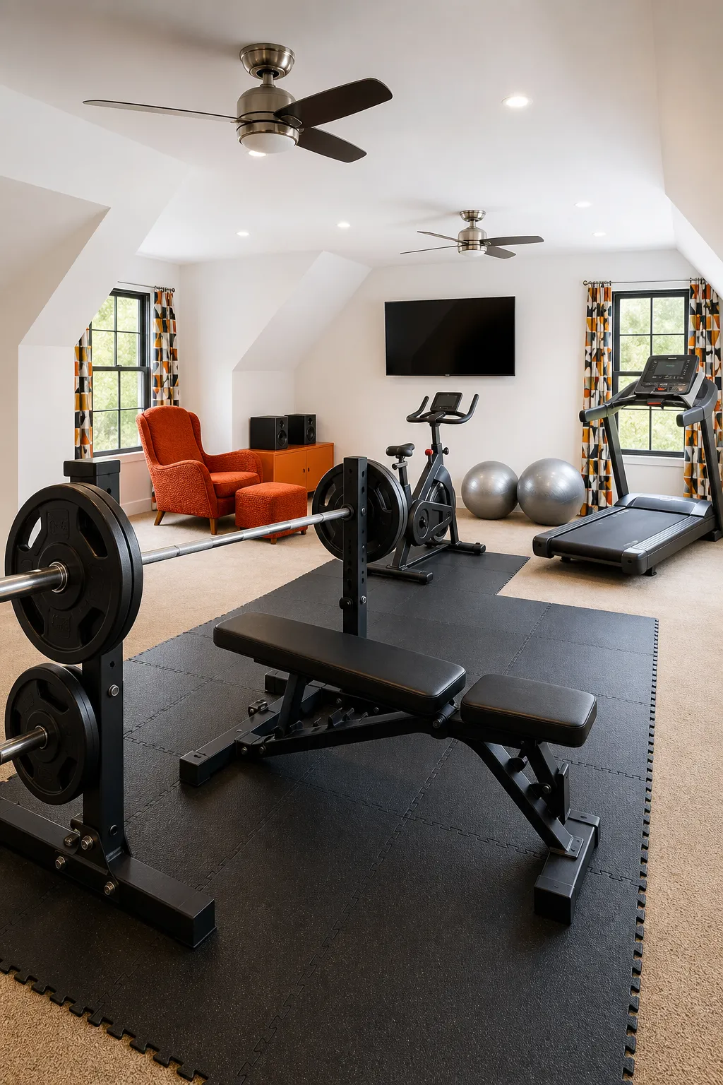 Bright attic home gym with cardio machines, strength equipment, and natural light