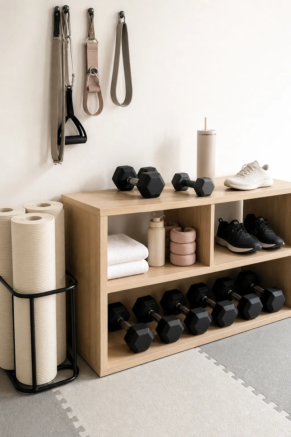 Neutral cubby storage organizing workout gear in a compact home gym