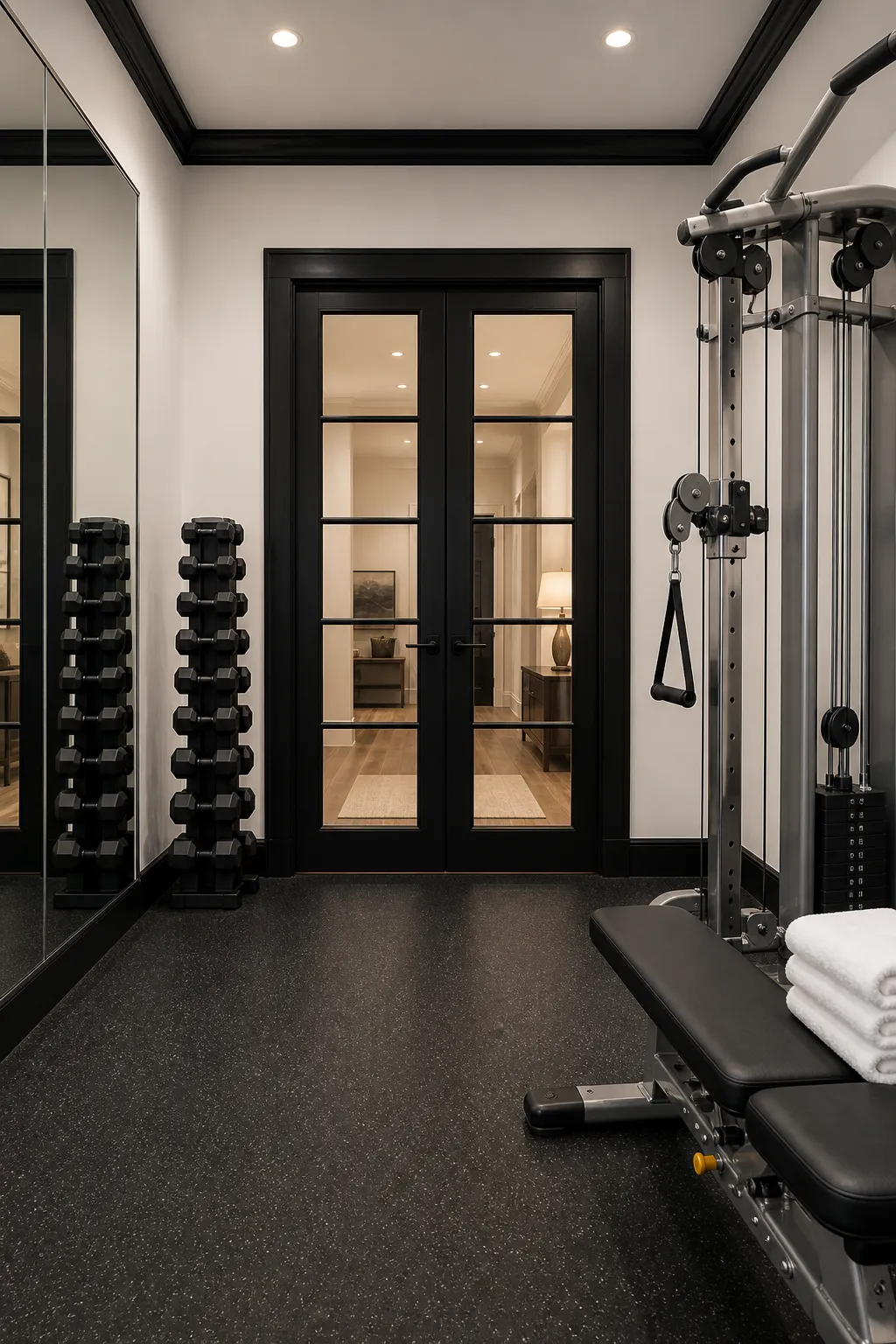 Sleek black-and-white home gym enclosed by modern glass doors