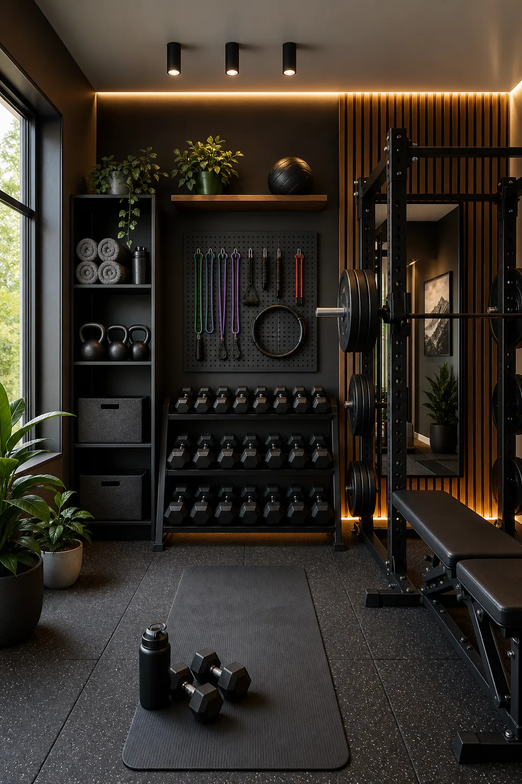 Matte black exercise equipment paired with warm wood furnishings