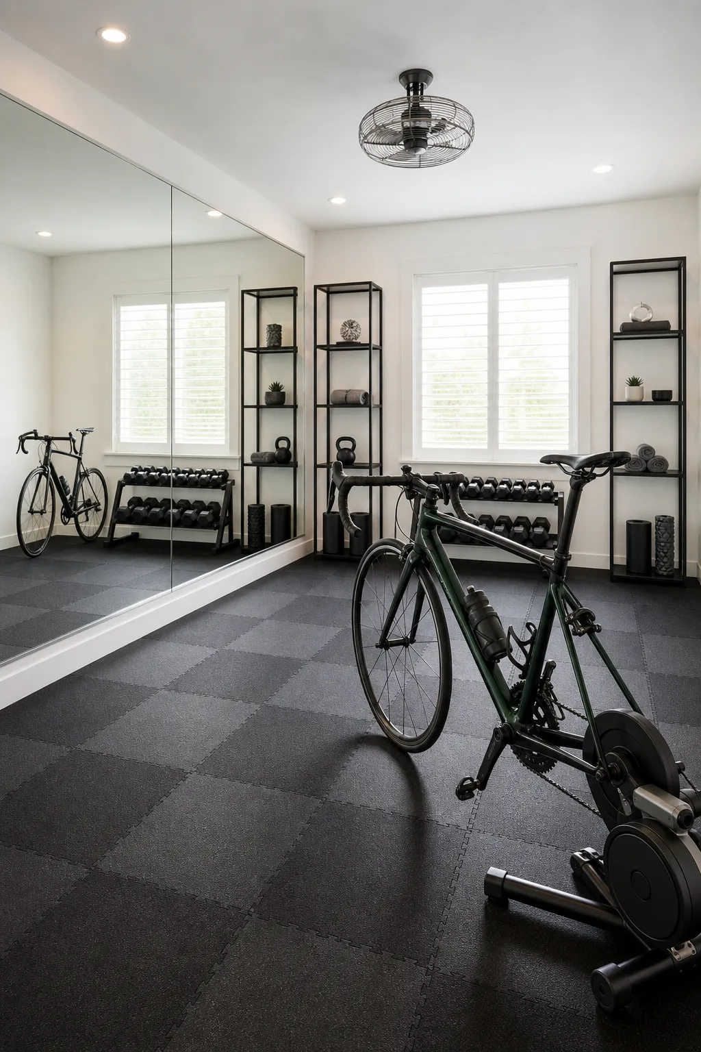 Mirrored indoor cycling studio with exercise bikes and dumbbells stored within easy reach