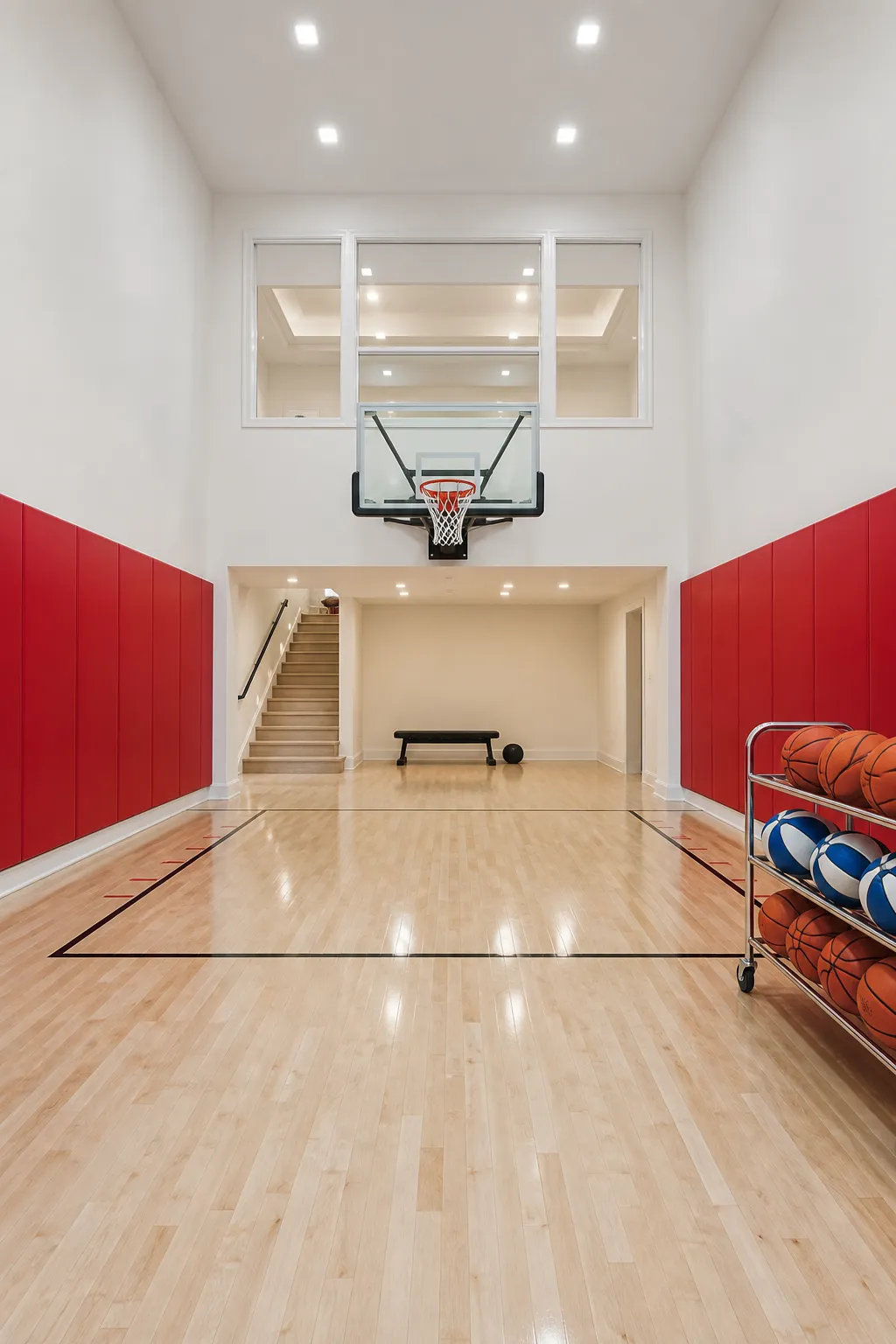 Spacious indoor home basketball court with a hoop and marked playing surface