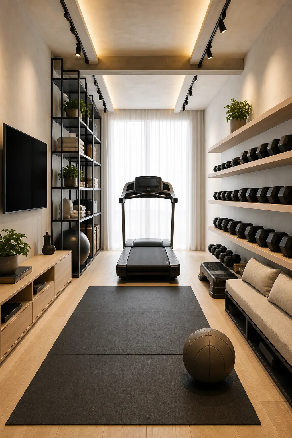 Treadmill arranged along the wall of a long narrow multipurpose room