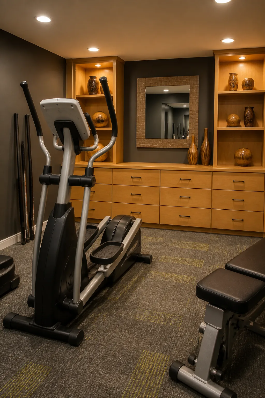 Basement home gym with built-in wood storage for weights and workout accessories