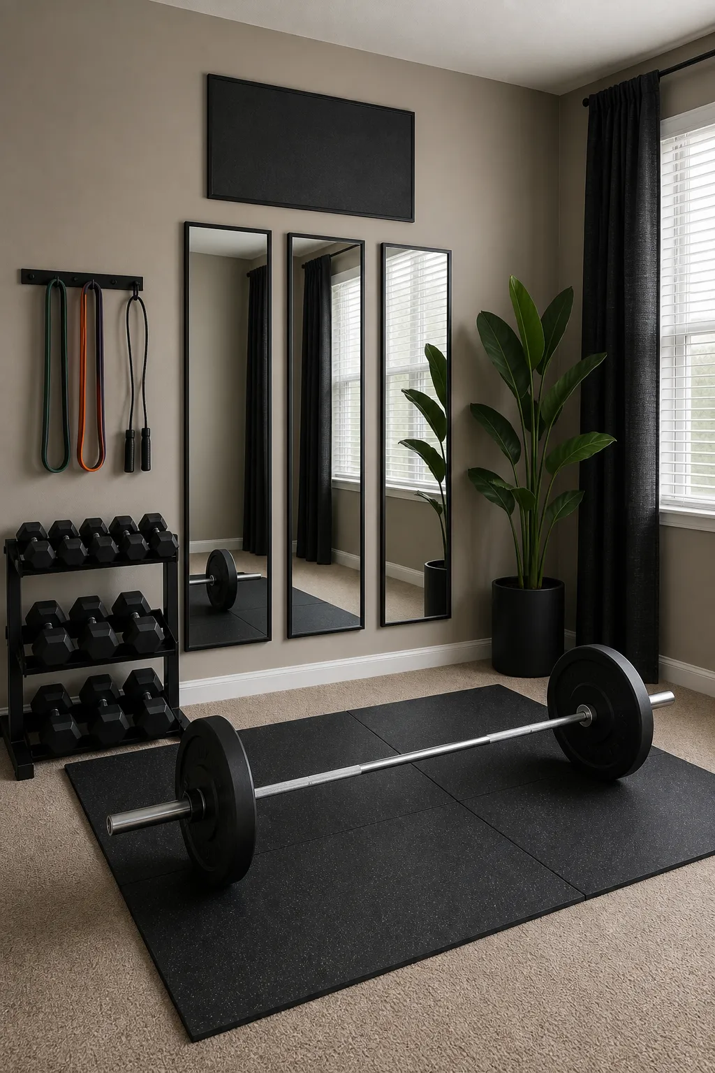 Compact weight-training setup arranged in the corner of a bedroom