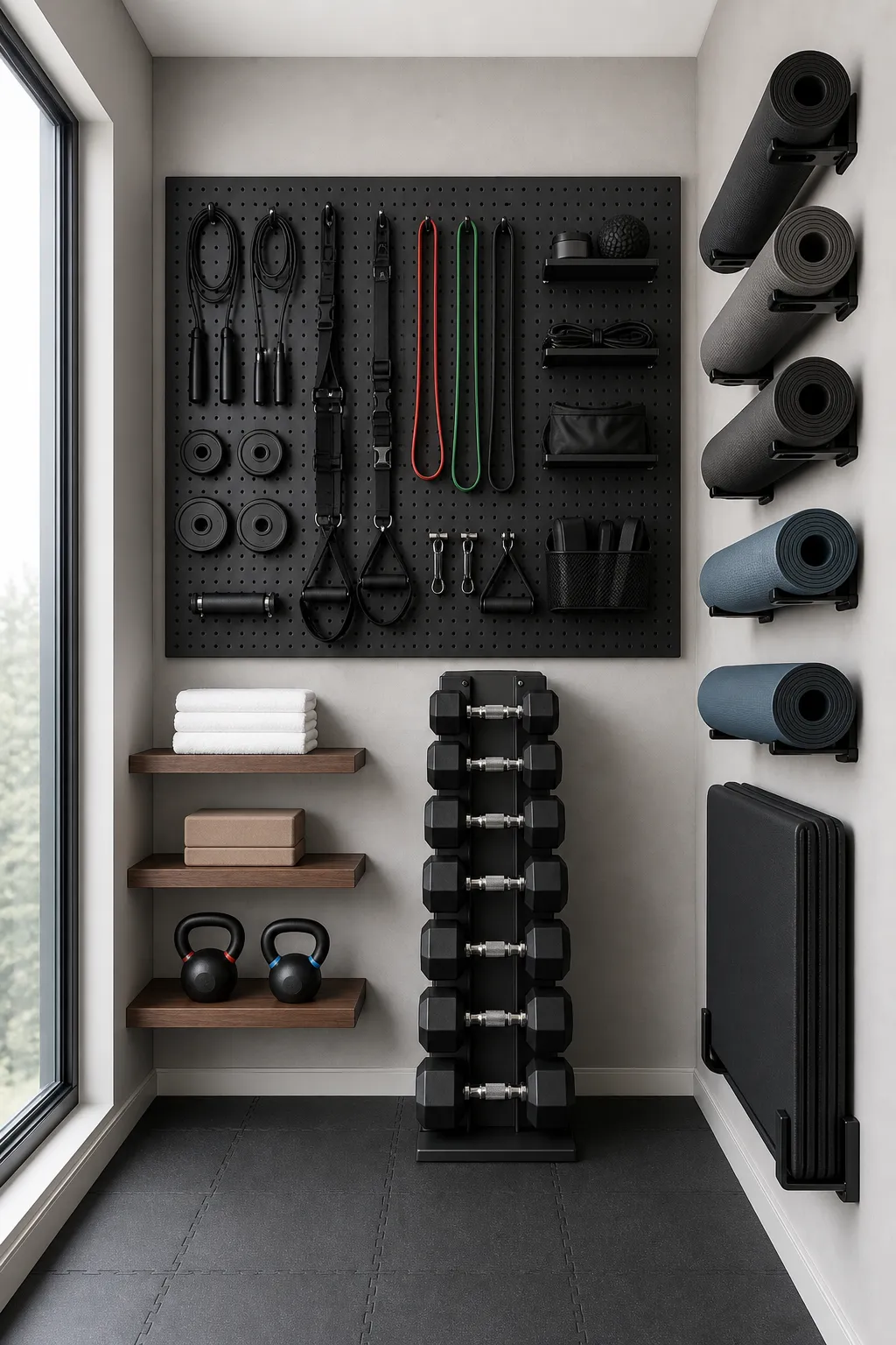 Wall-mounted racks holding weights and fitness accessories above an open floor