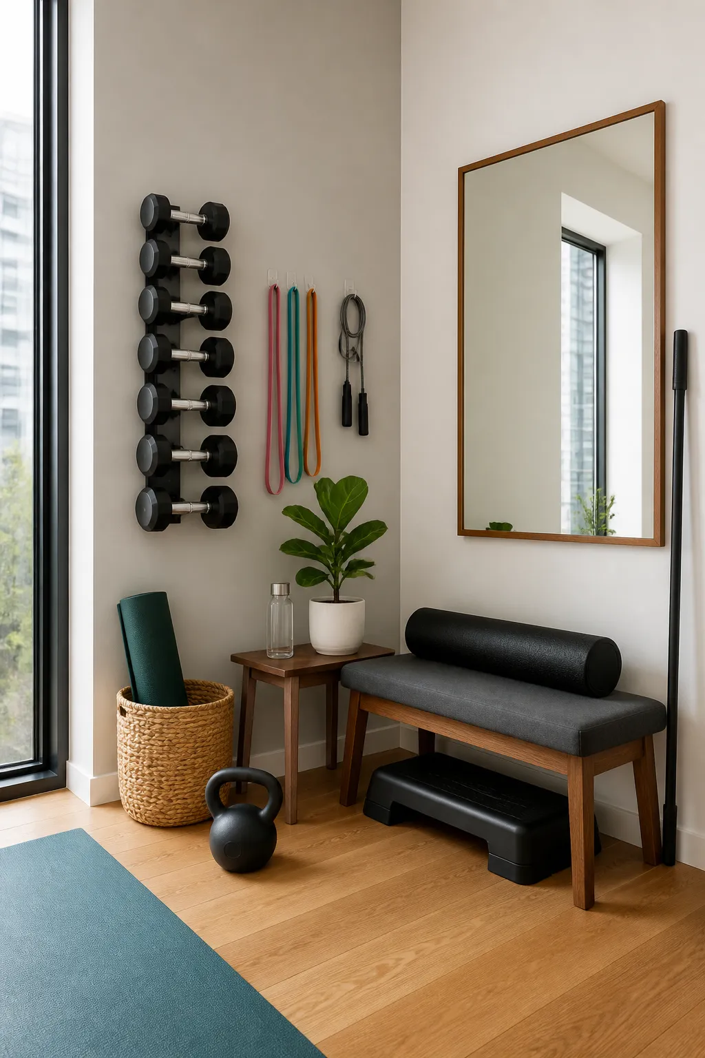 Sunlit compact workout corner beside a large window
