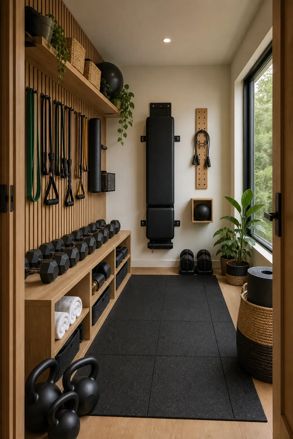 Narrow home fitness room divided into cardio strength and stretching zones