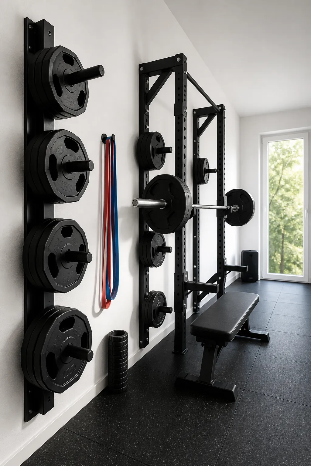 Wall-mounted half rack creating a compact home strength-training station