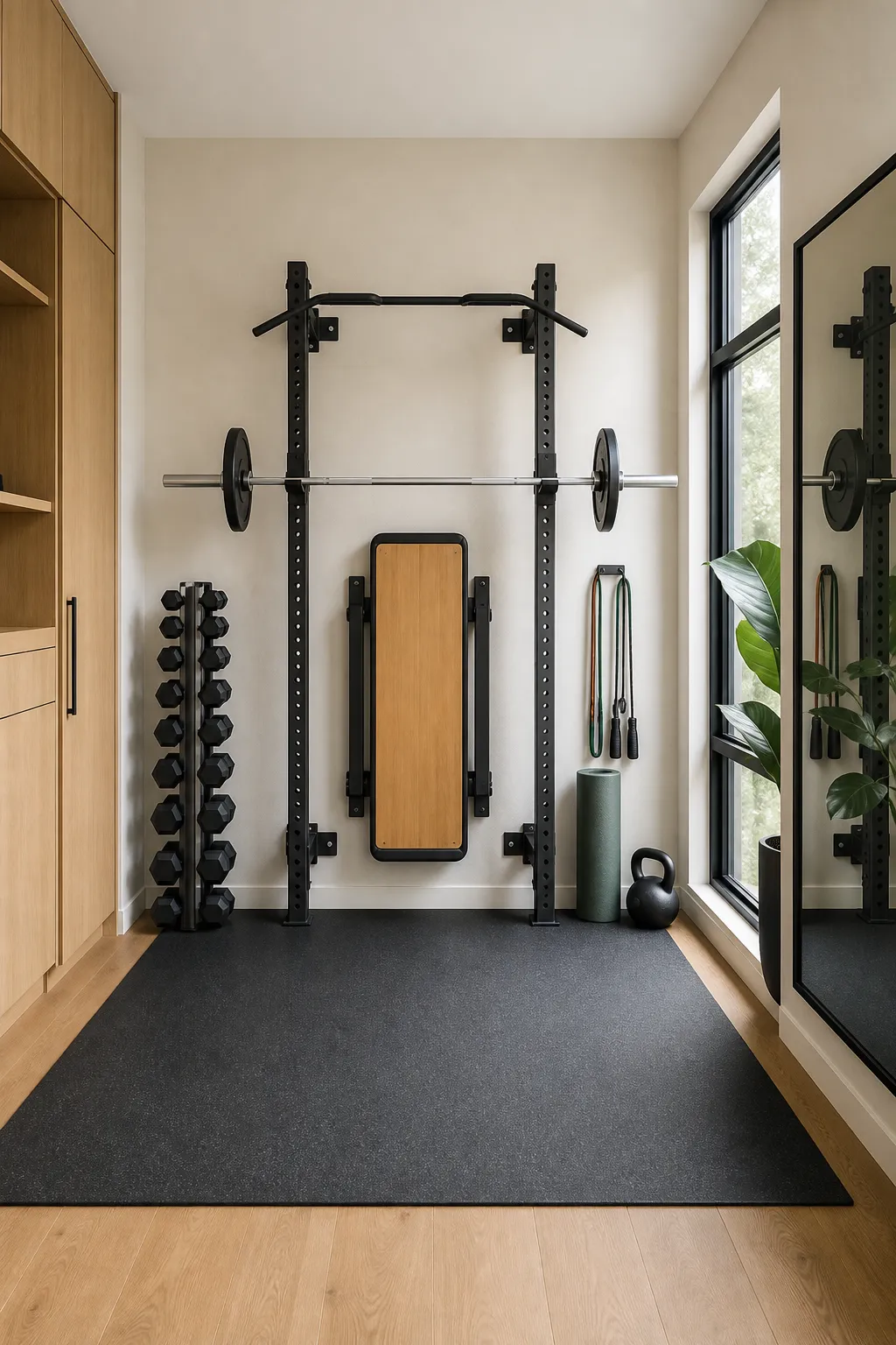 Space-saving apartment strength gym with compact weights and a folding bench
