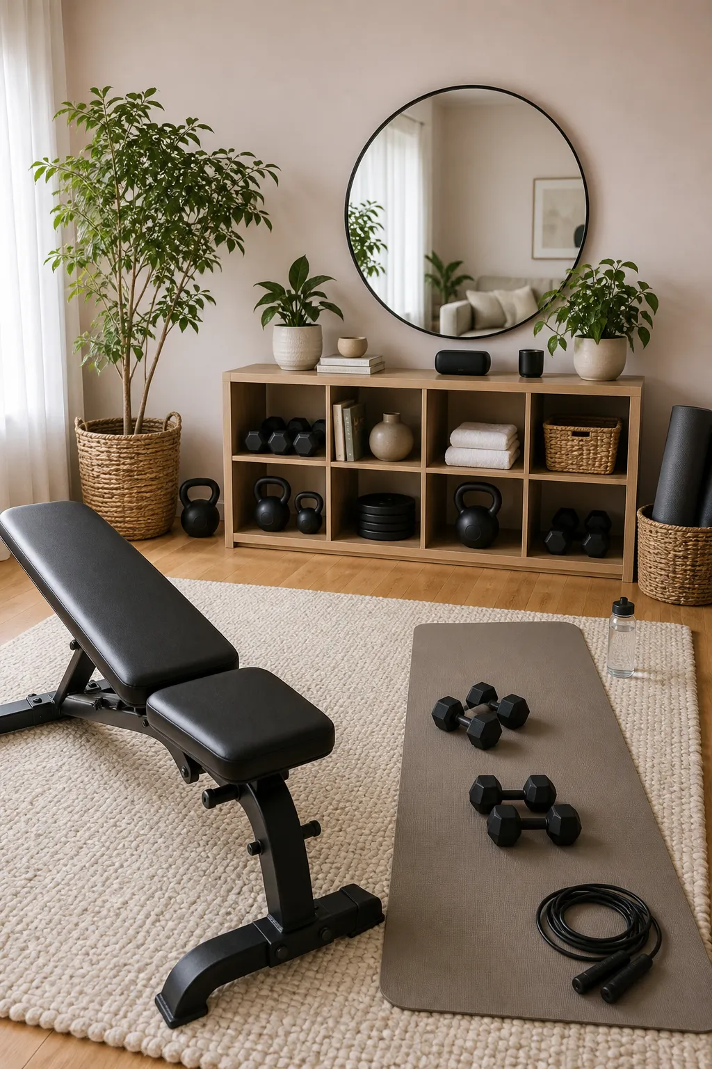 Cozy living room with a discreet mat and compact workout equipment