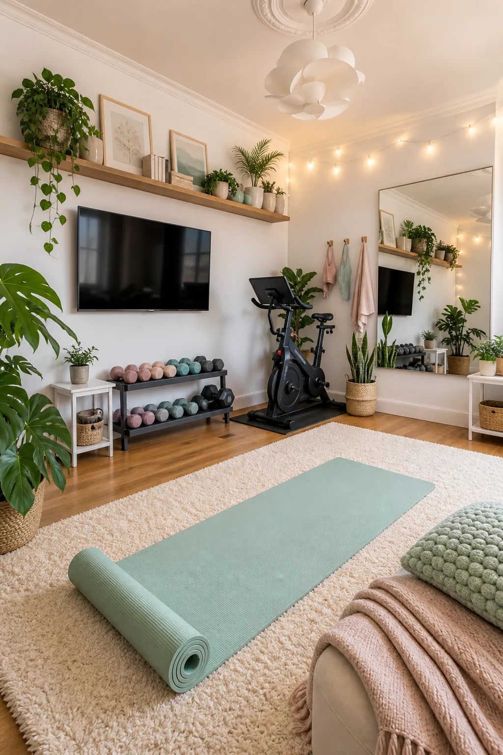 Living-room workout area decorated with pastel colors and soft textiles