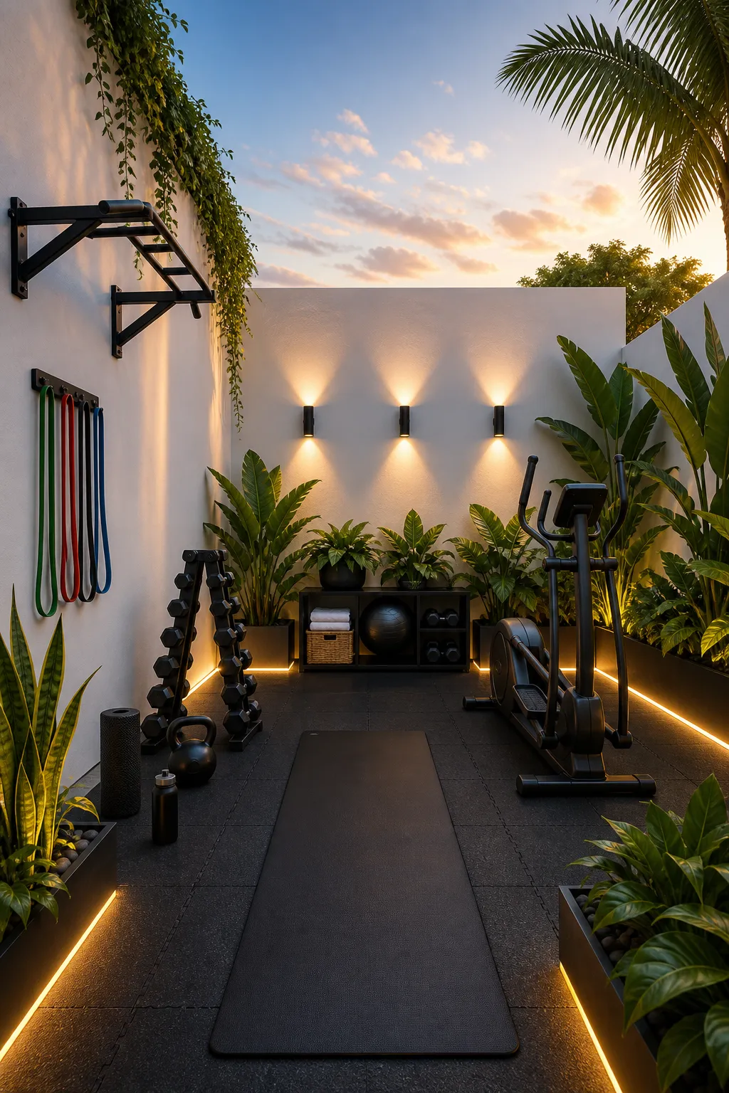 Lush green patio arranged as a compact outdoor exercise area