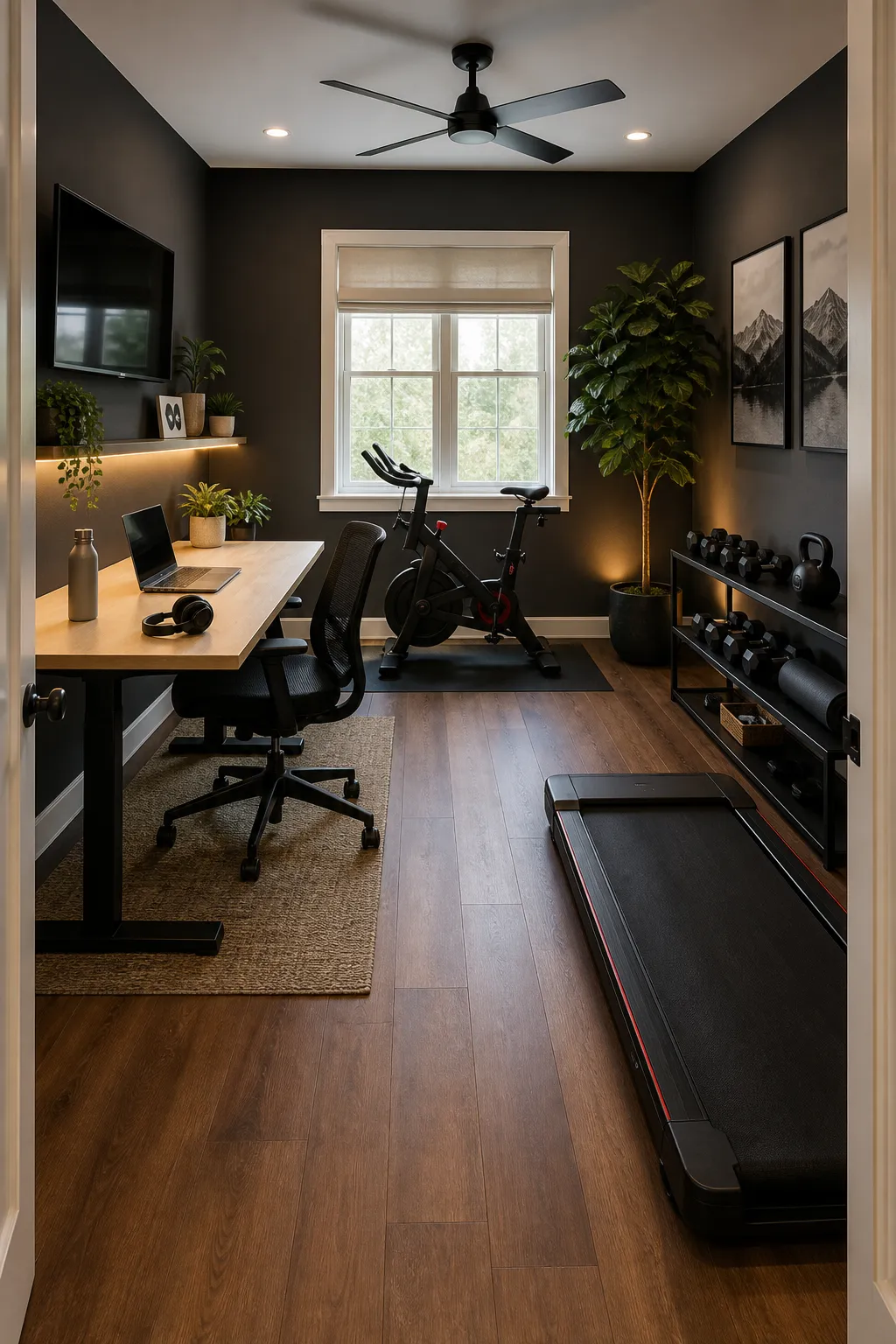 Home office sharing space with a compact exercise bike and fitness mat