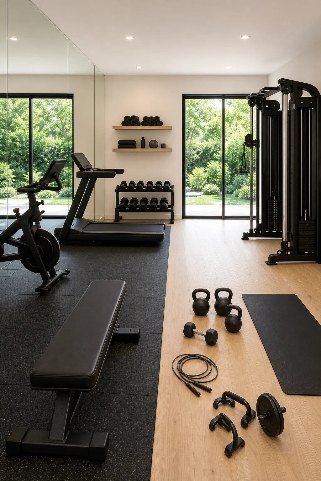 Bright minimalist home gym equipped for full-body workouts