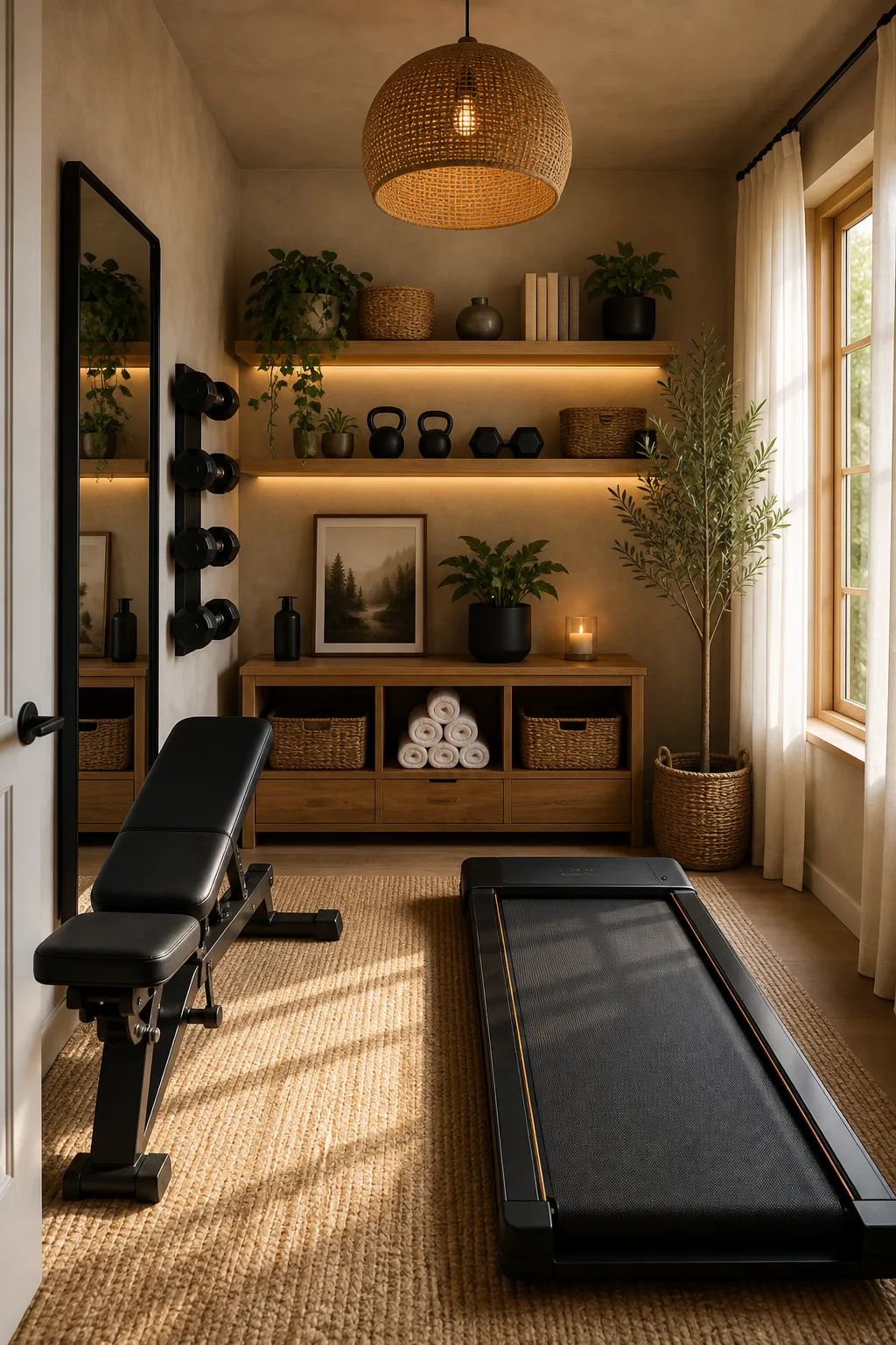 Walking-pad home gym styled with warm neutral tones and simple fitness accessories