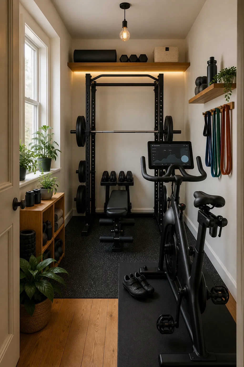 Narrow home gym with a strength rack and spin bike arranged for efficient training