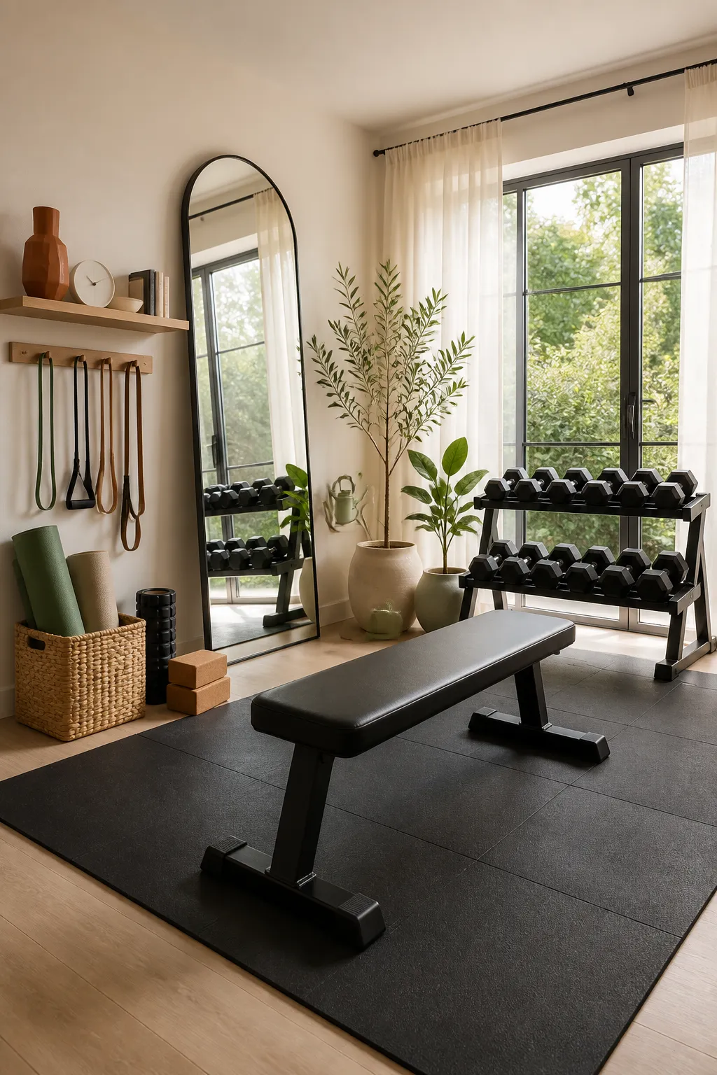 Soft neutral home gym organized around a compact dumbbell rack