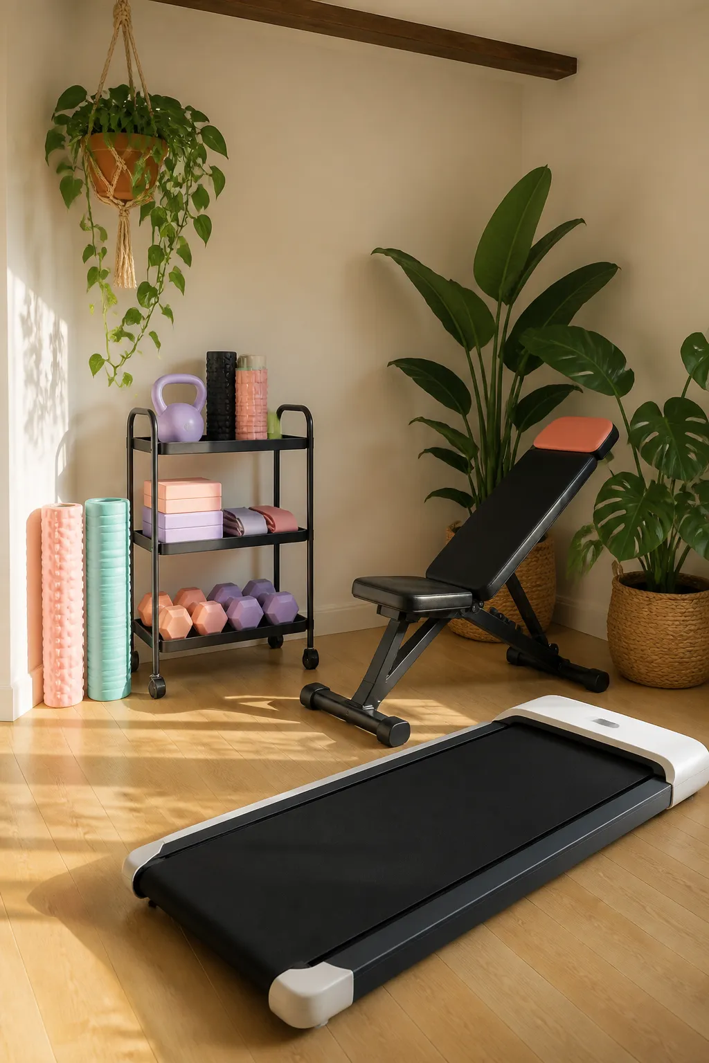 Walking-pad workout setup refreshed with pastel accessories and indoor greenery