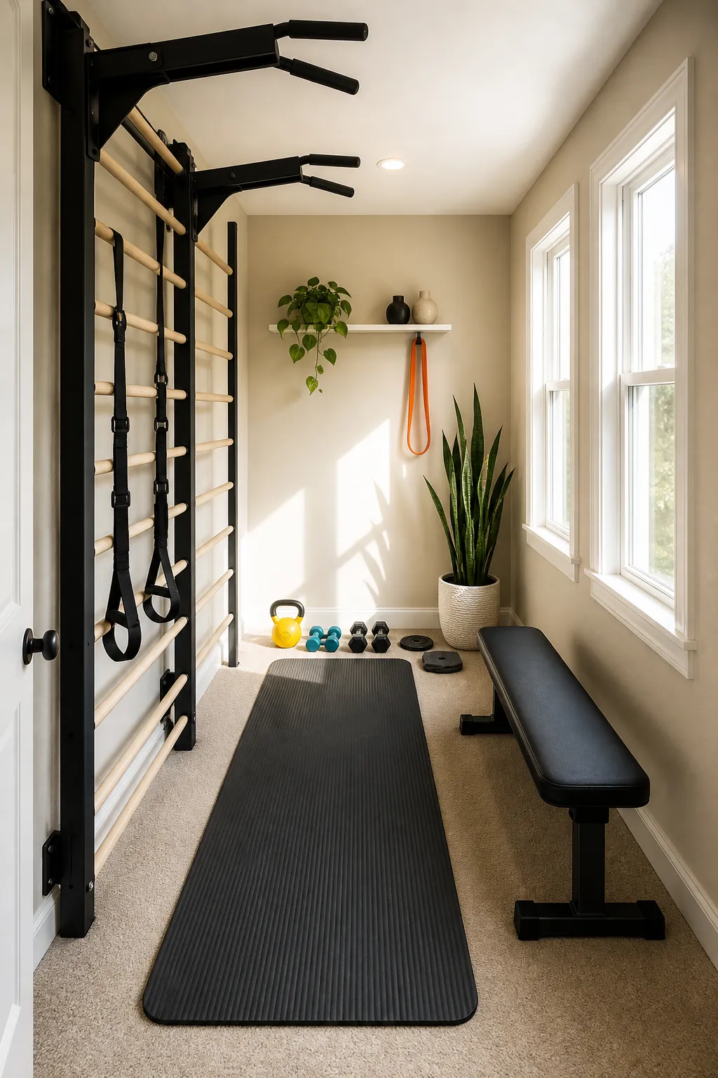 Swedish wall bars installed in a bright narrow home training zone