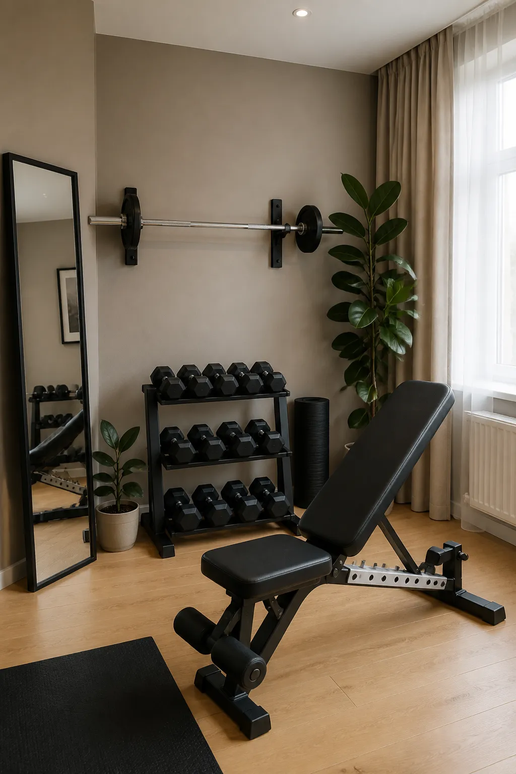 Stylish compact workout corner with streamlined equipment and organized storage