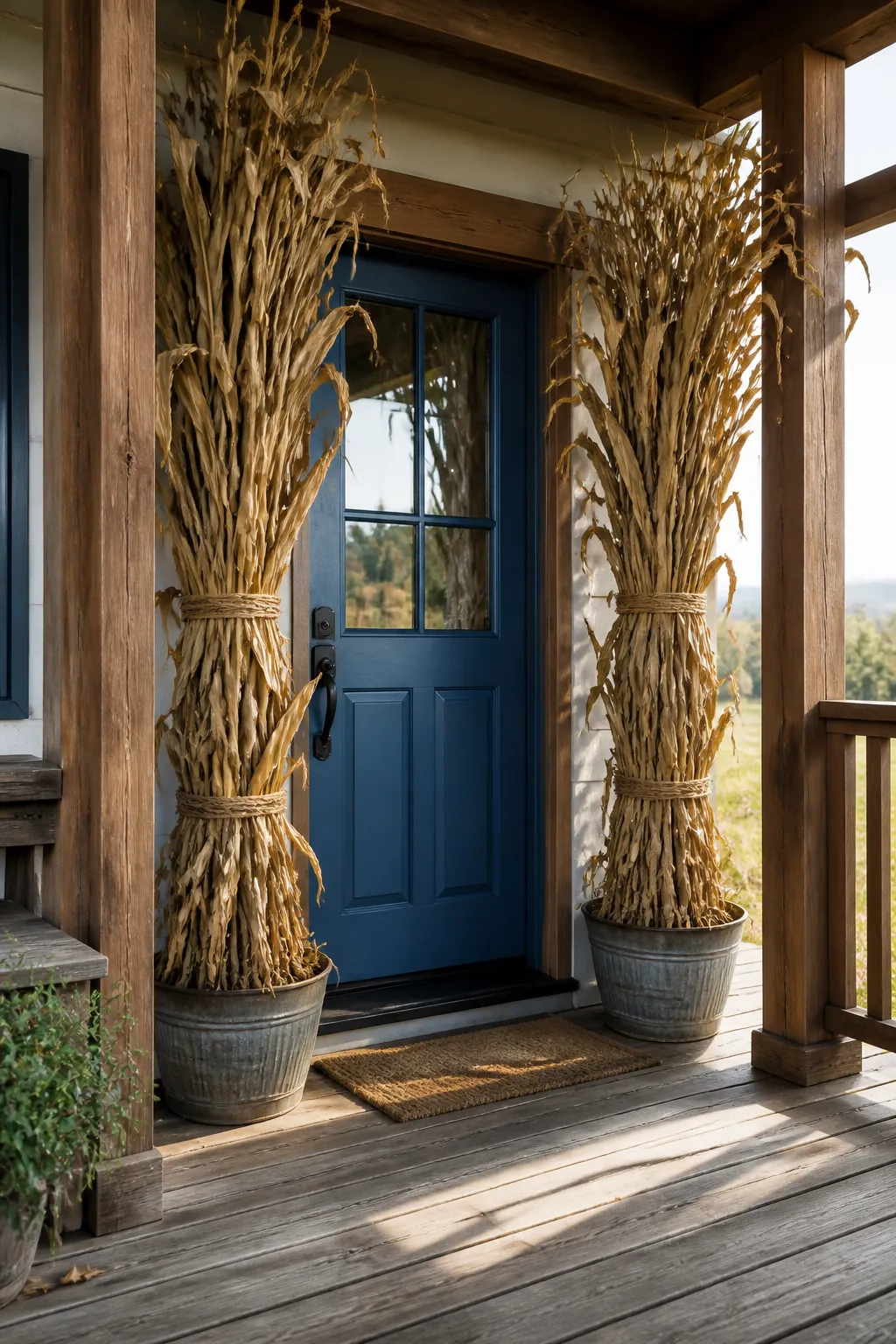 Dried corn stalk bundles framing a fall front door