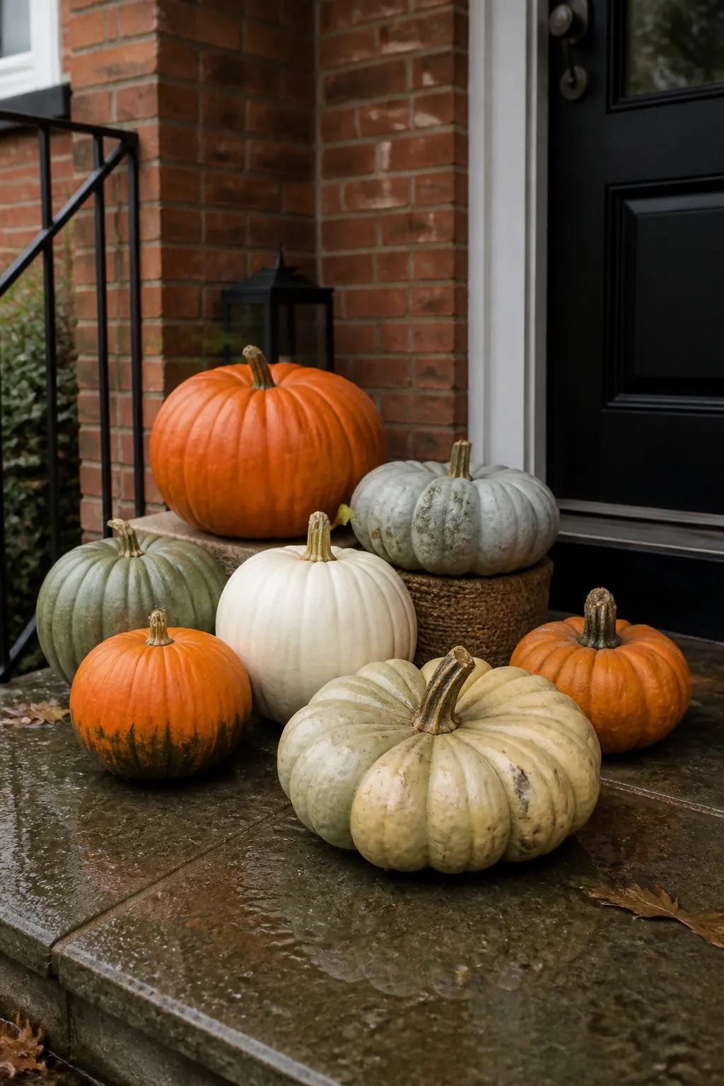 Mixed heirloom pumpkins arranged in an uneven porch cluster