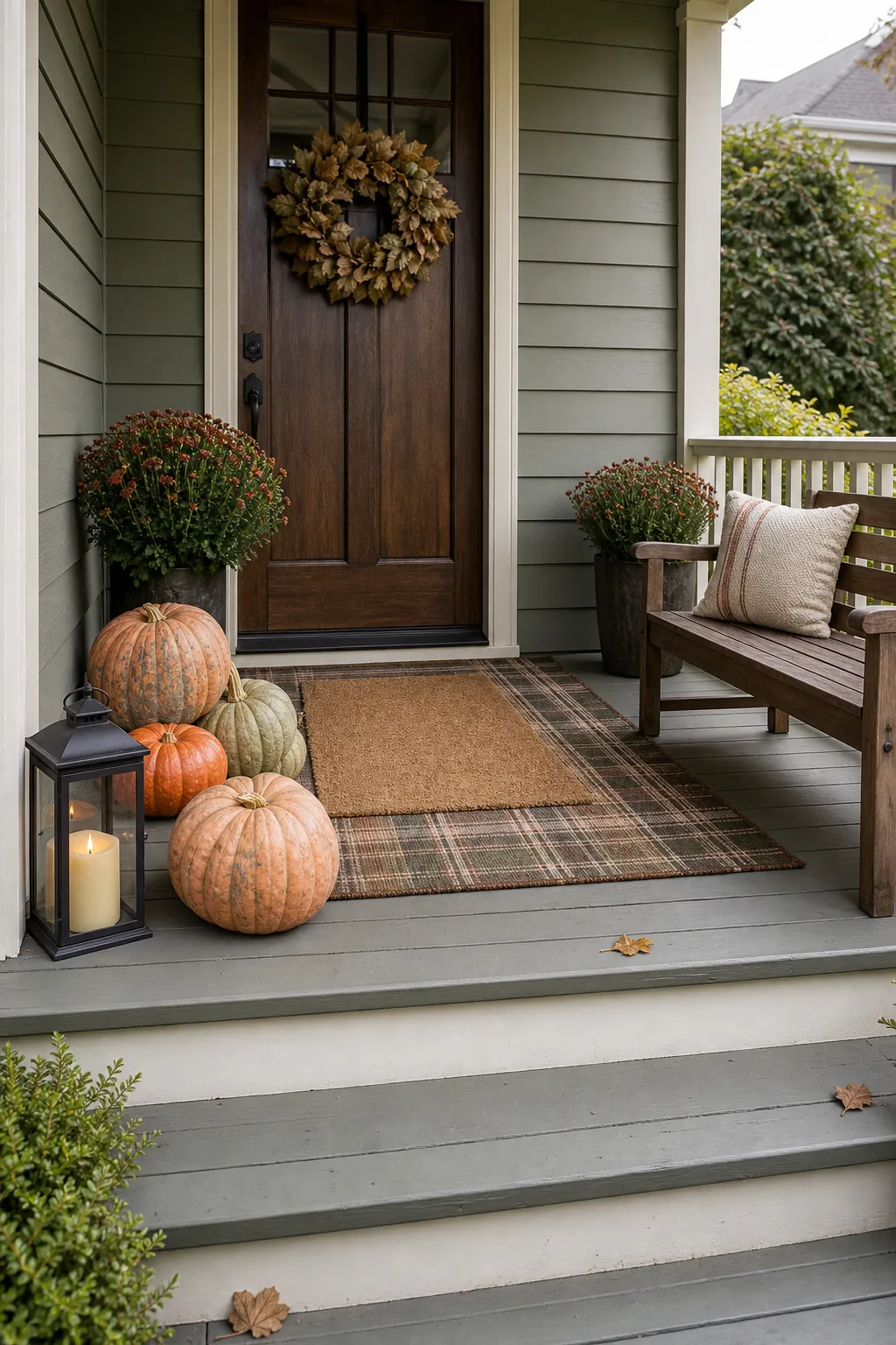 Warm layered fall porch with pumpkins, mums, lanterns, and natural textures