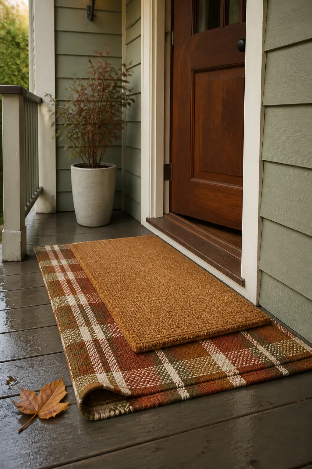 Layered plaid rug and coir doormat on a welcoming fall porch