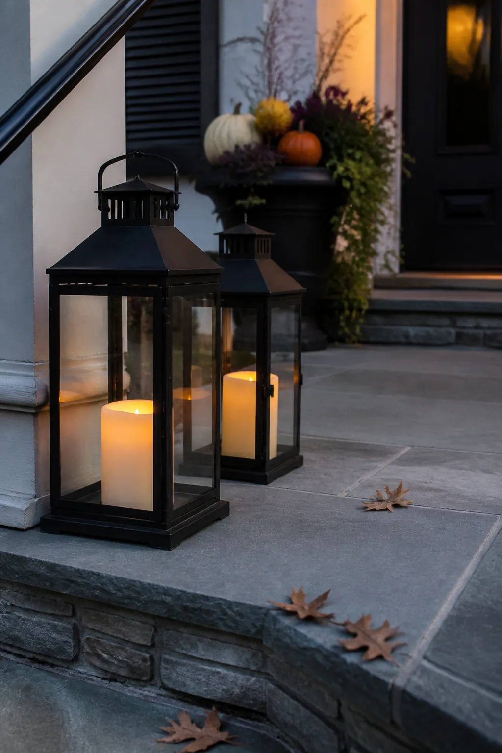 Sturdy lanterns with flameless candles beside a porch step