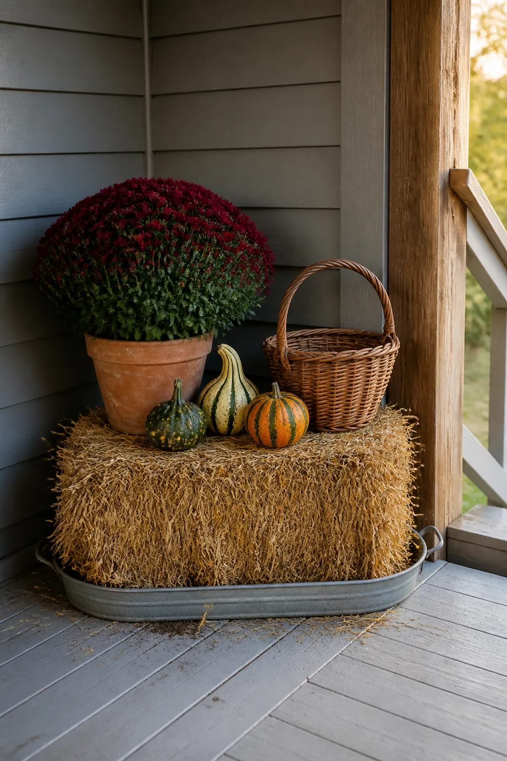 Compact hay bale styled as a fall porch harvest corner