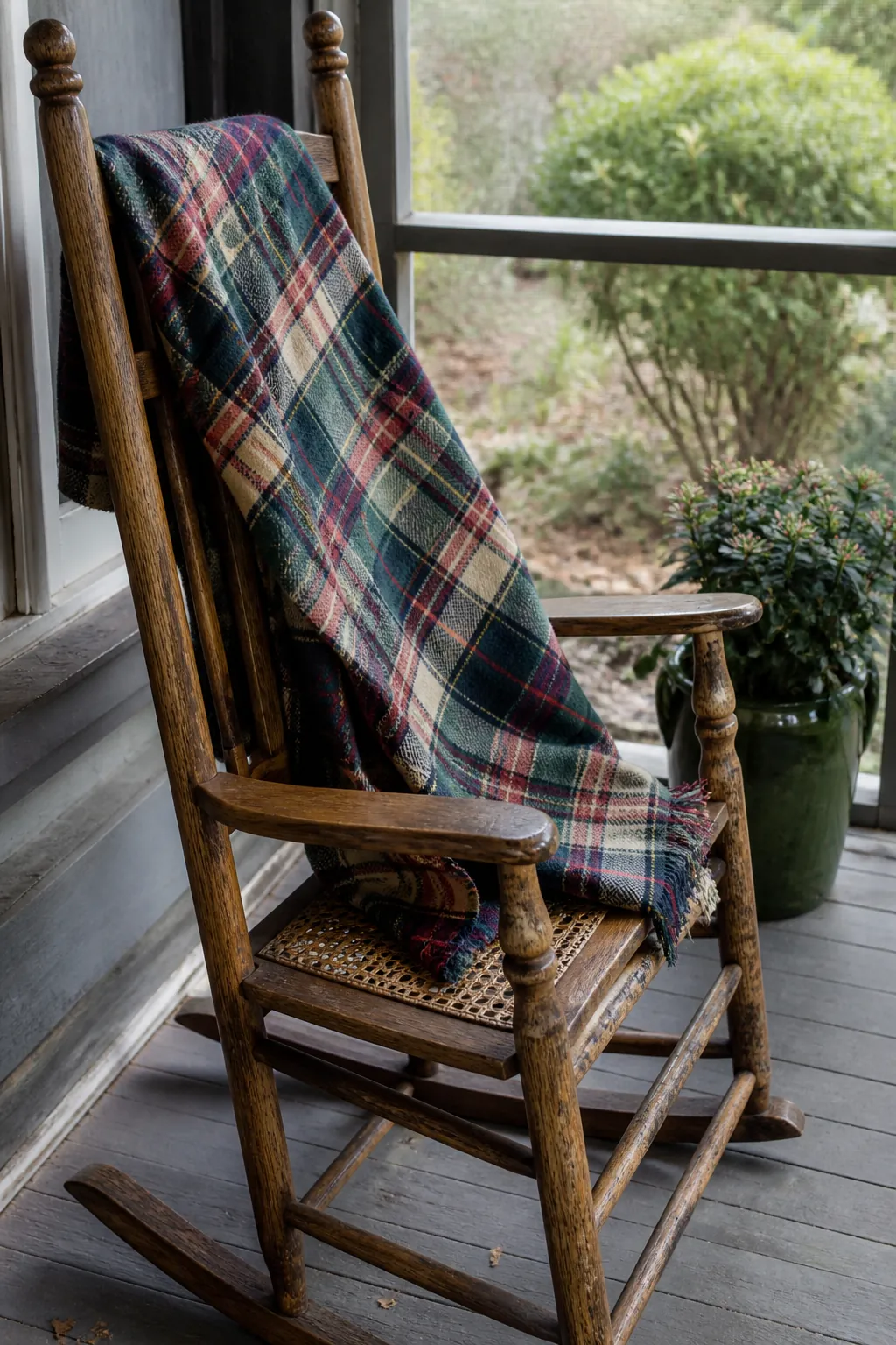 Tartan throw draped over a wooden porch chair for fall