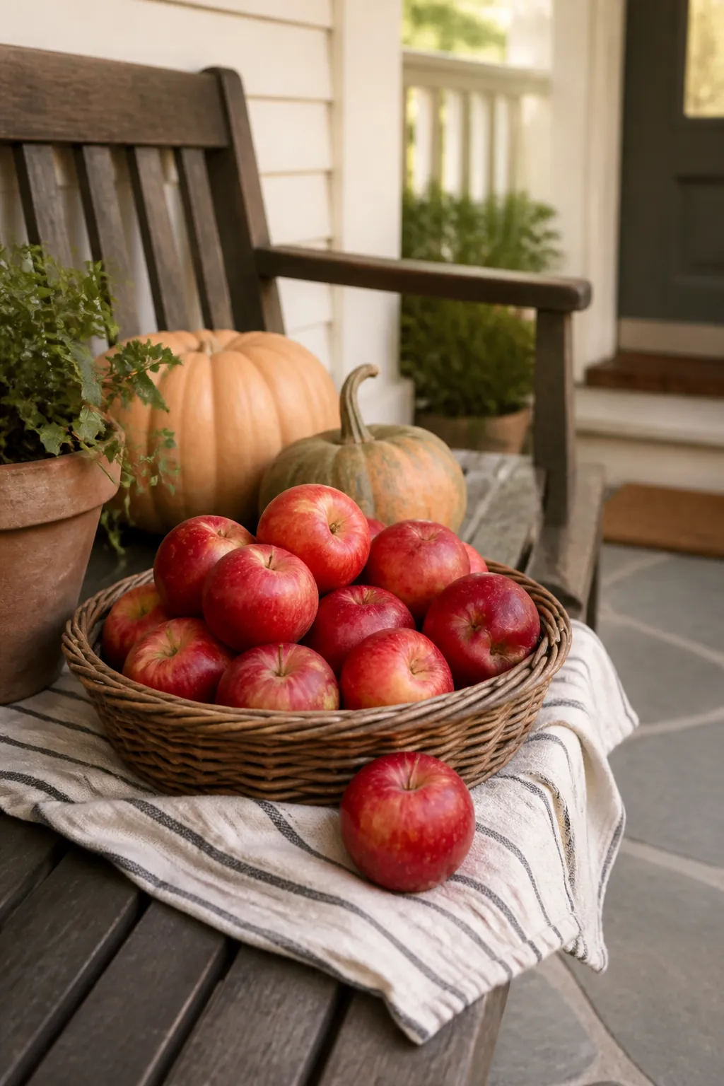 Woven basket of red apples in a fall porch display
