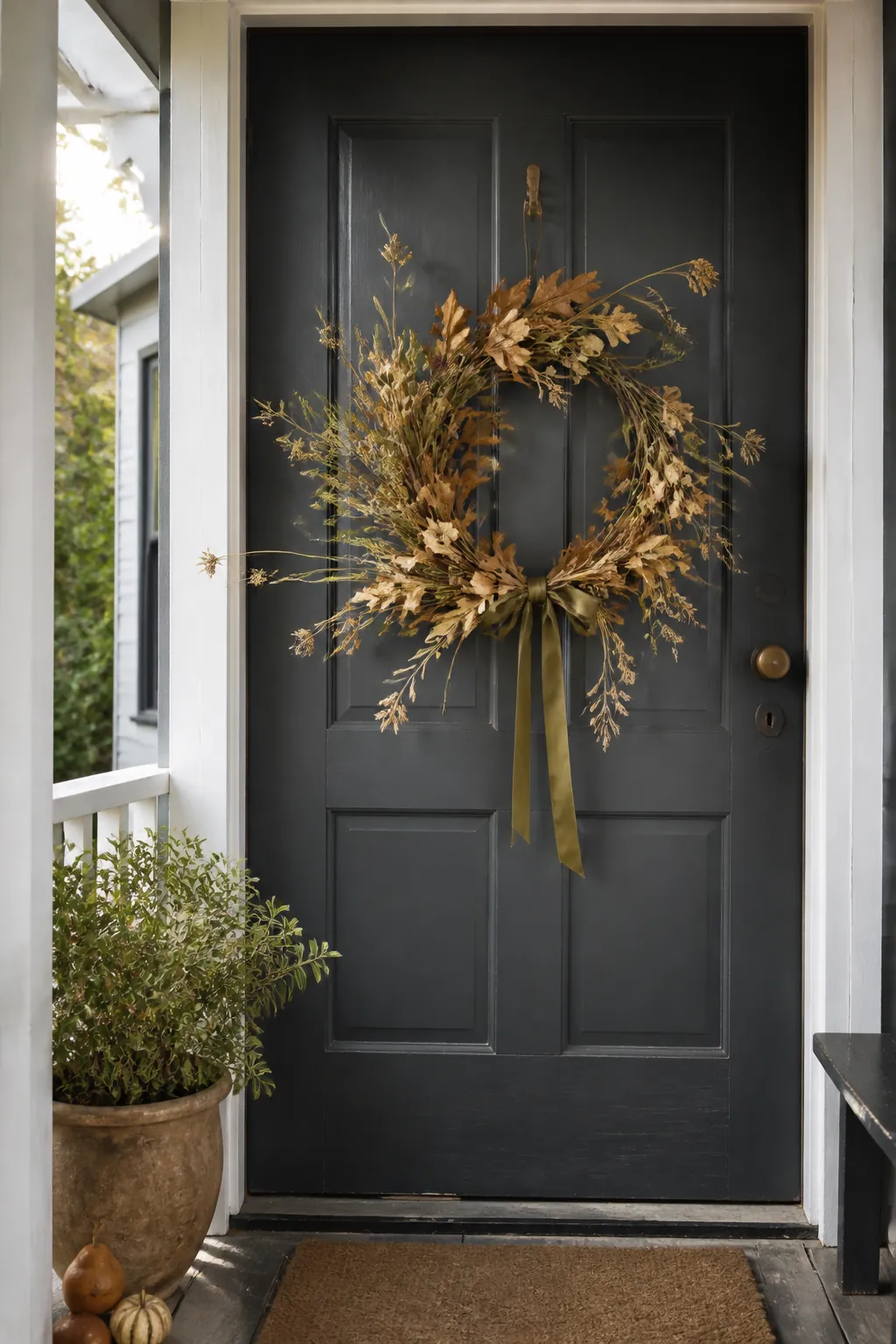 Natural textured autumn wreath with leaves and seed heads