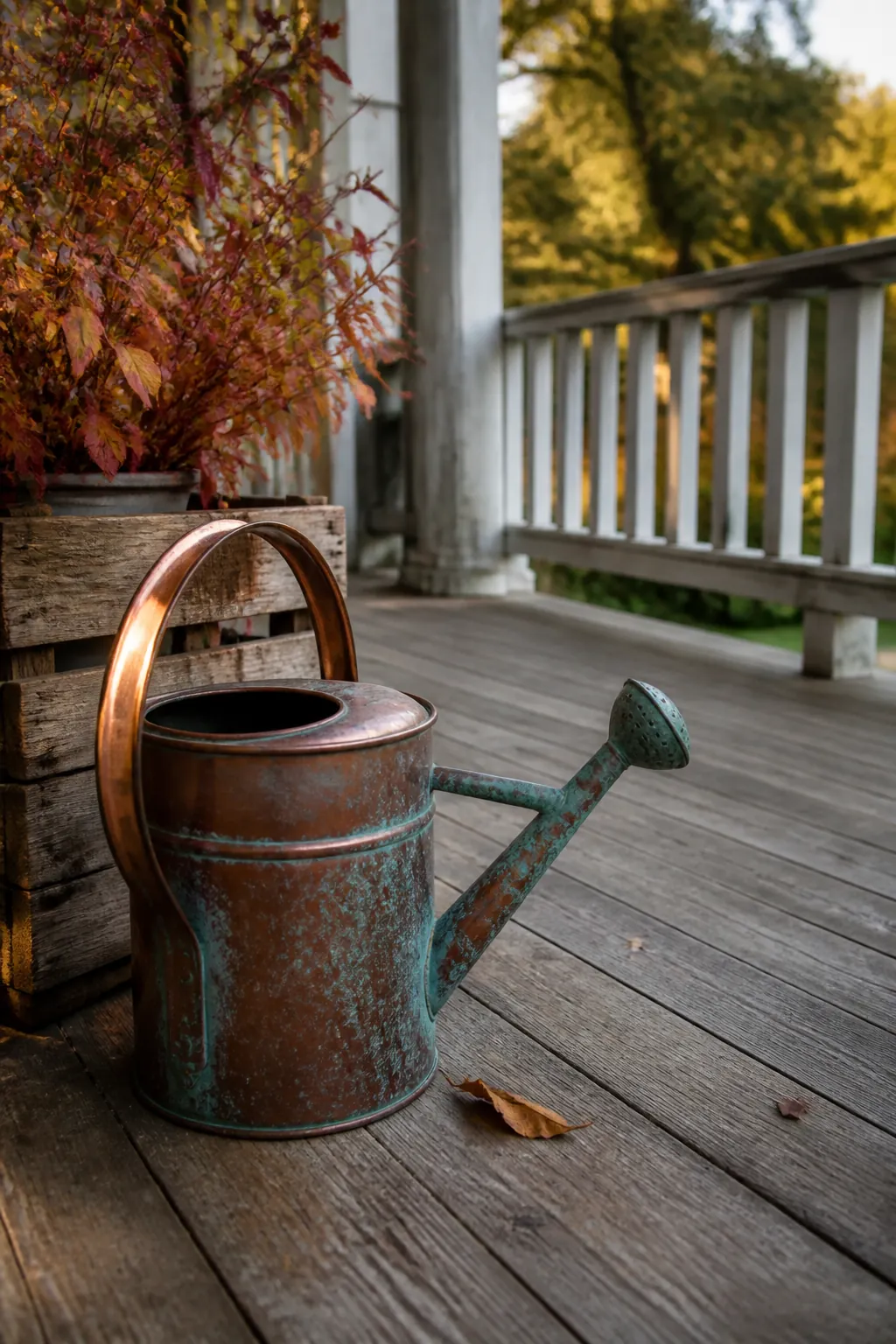 Copper watering can beside weathered wood on an autumn porch