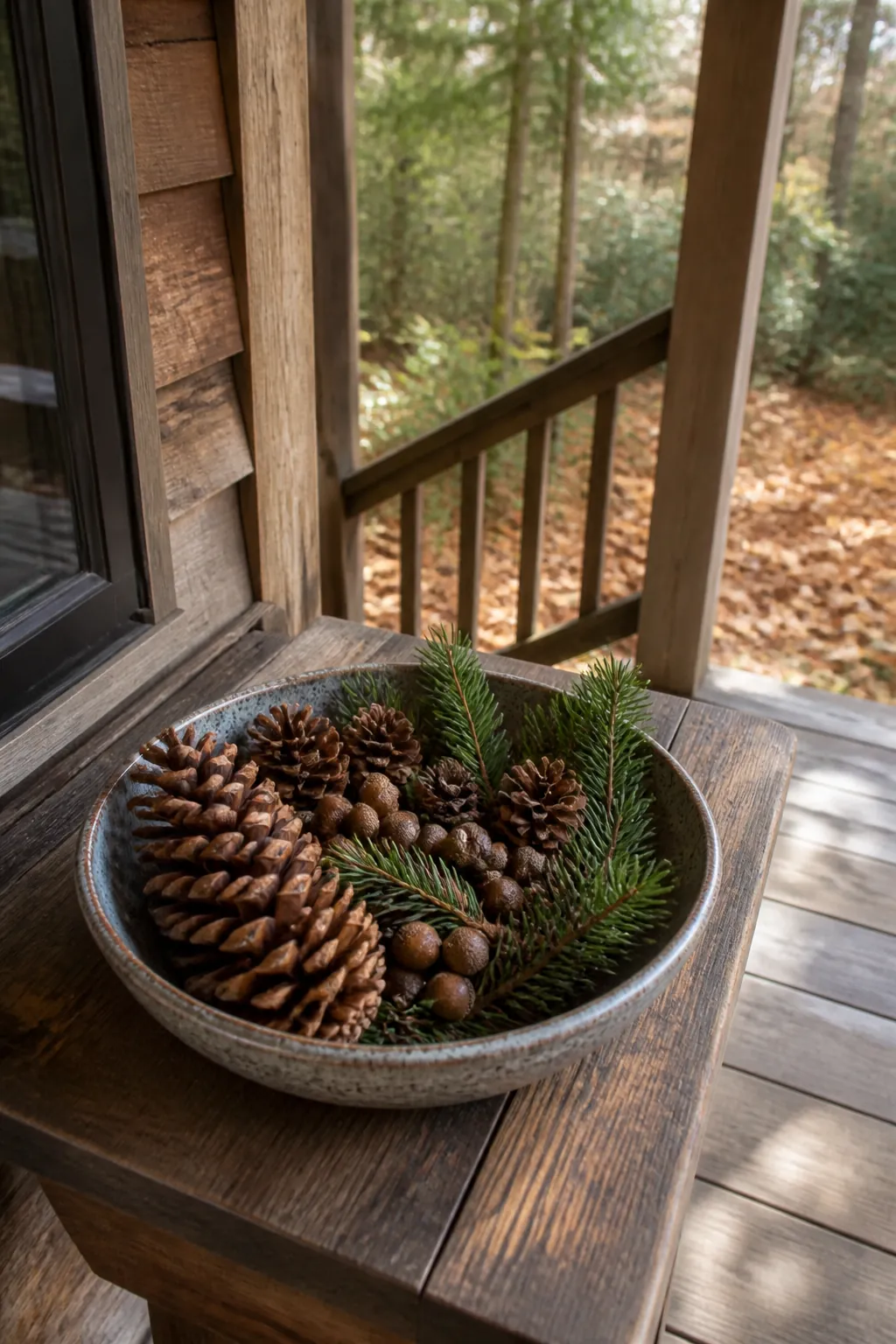 Woodland bowl filled with pinecones and evergreen tips