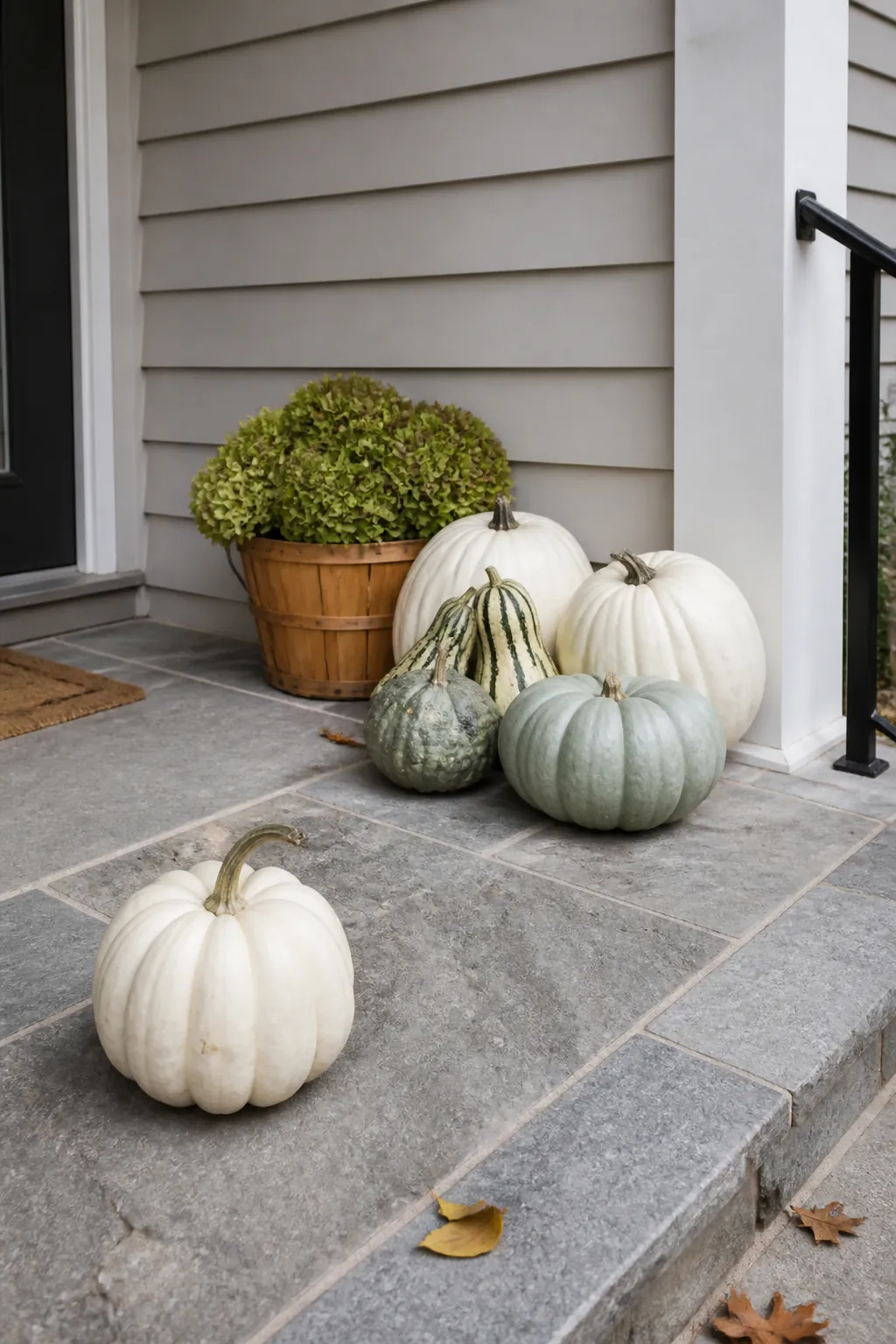 Pale pumpkins and blue green gourds on a calm fall porch