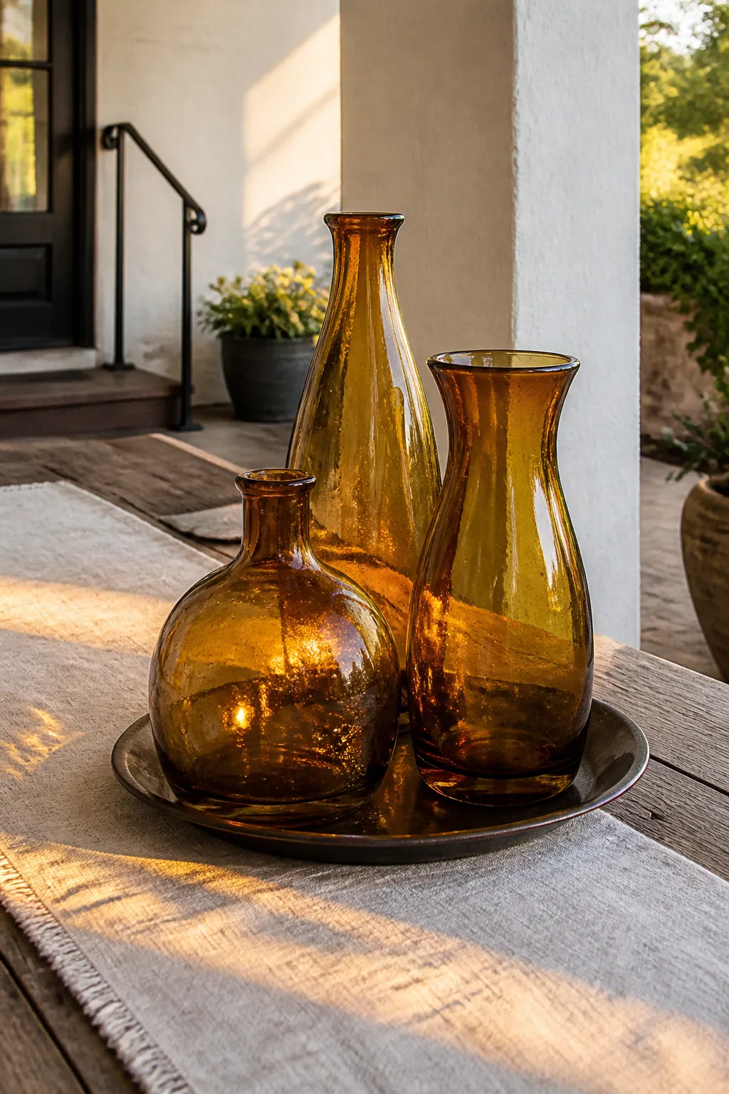 Amber glass vessels glowing in late autumn porch light