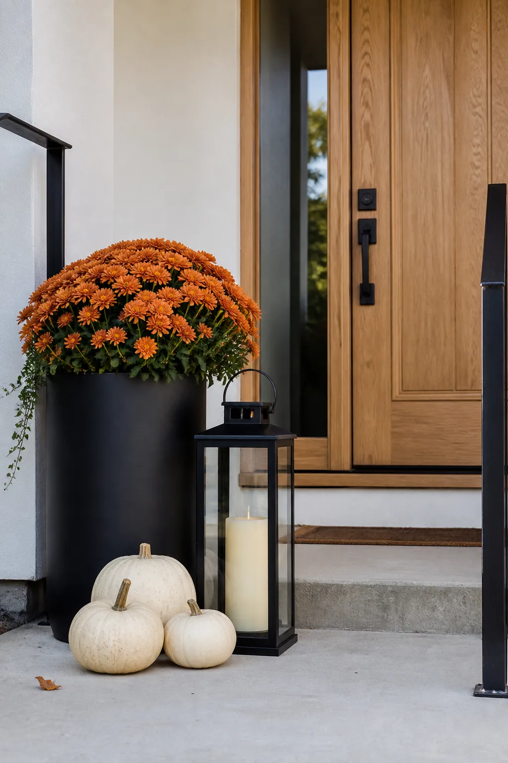 Matte black accents defining an orange and cream fall porch