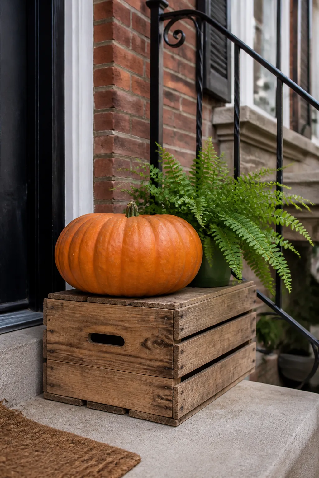 Vintage wooden crate used as a fall porch display riser