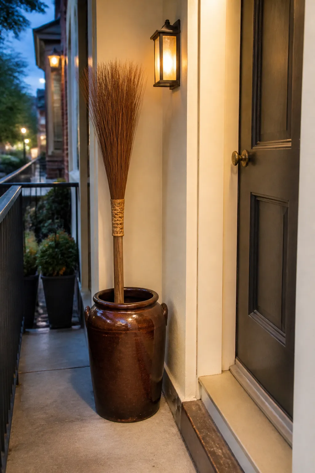 Cinnamon broom secured near a compact autumn entry