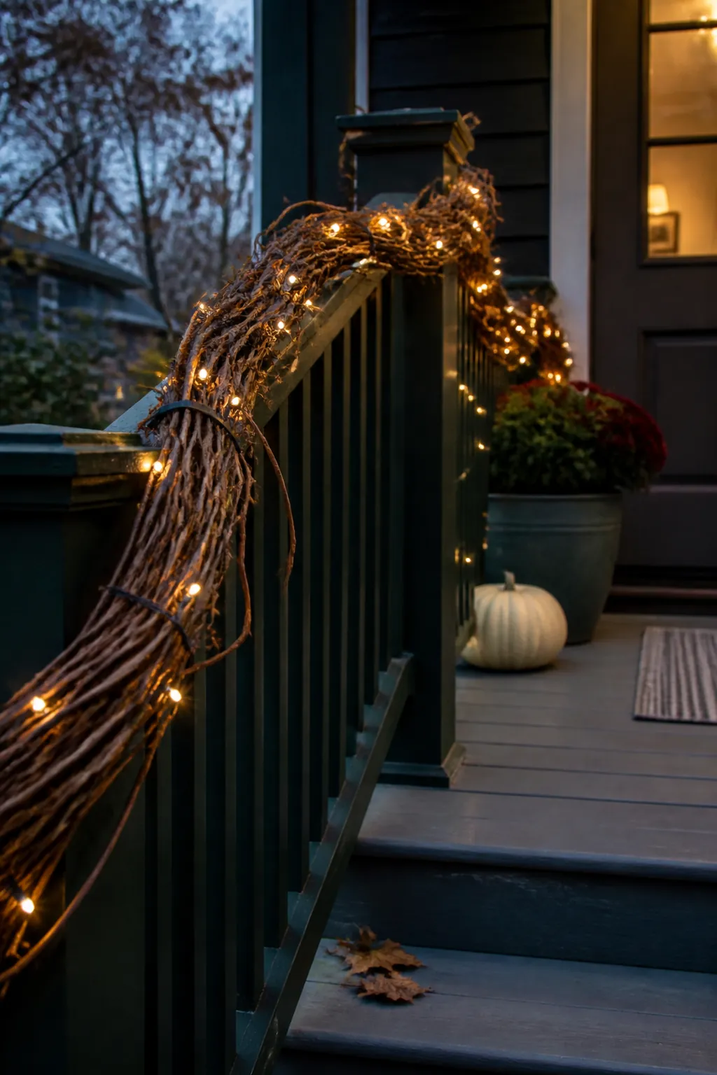 Warm tiny lights woven through a porch grapevine garland