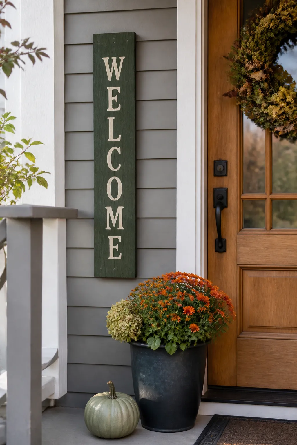 Hand painted seasonal welcome sign mounted on a porch wall