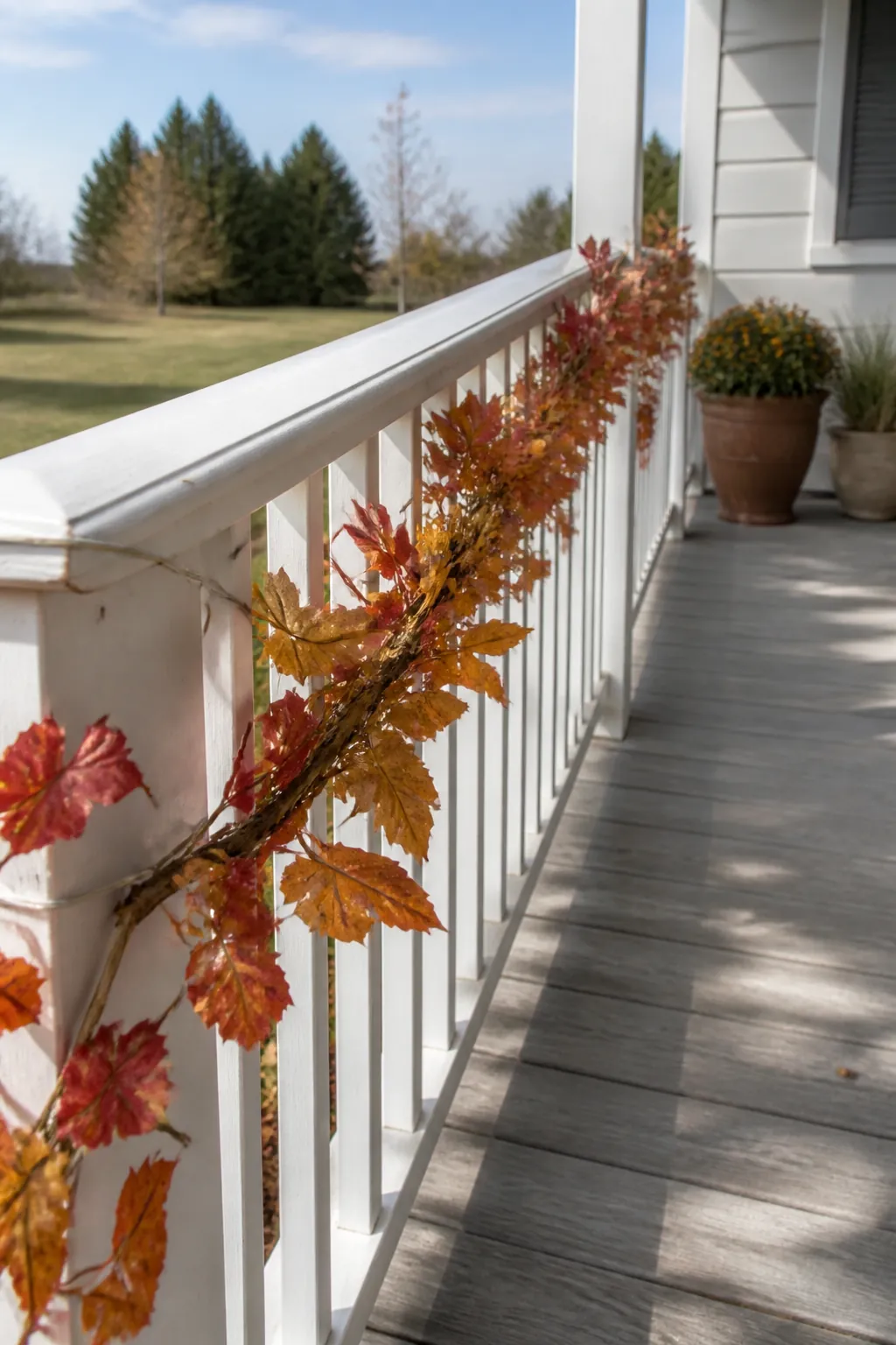 Autumn leafy branches woven along the outside of a porch railing
