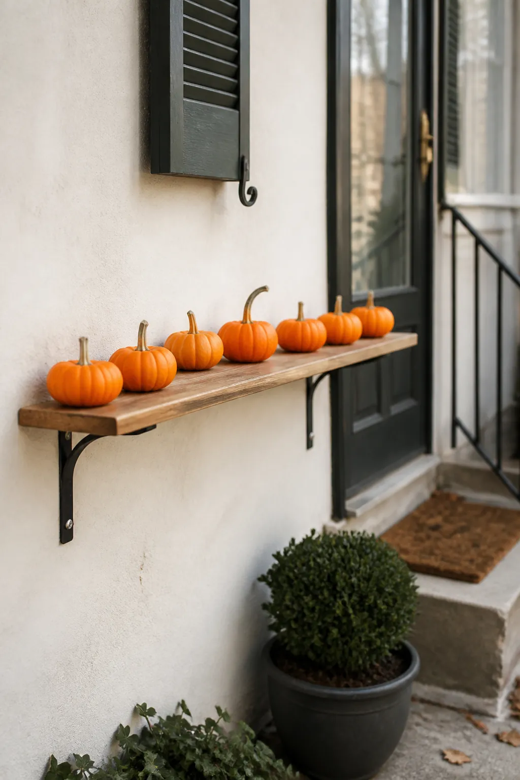 Mini pumpkins arranged on a narrow exterior porch shelf