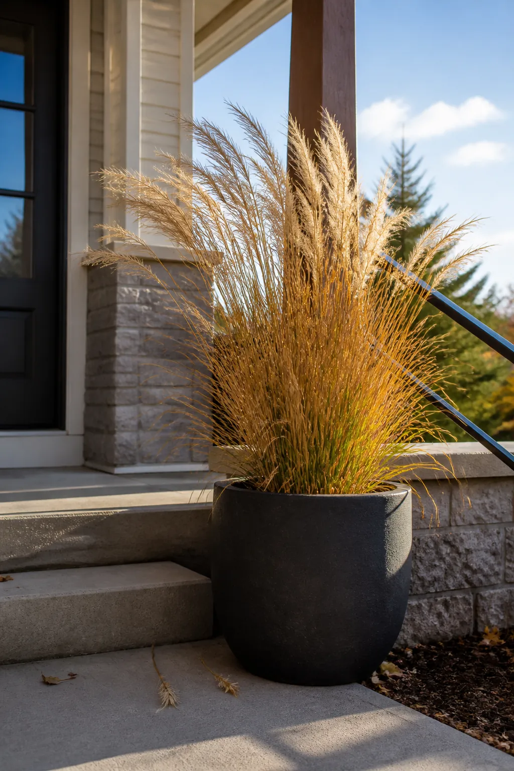 Tall ornamental grasses adding movement to a fall porch