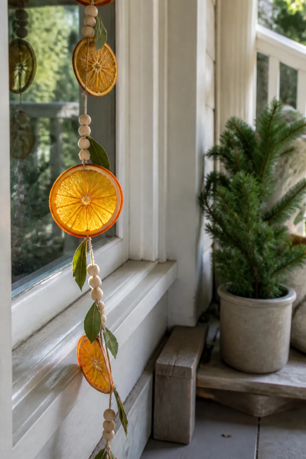 Dried orange slice garland decorating a sheltered fall porch