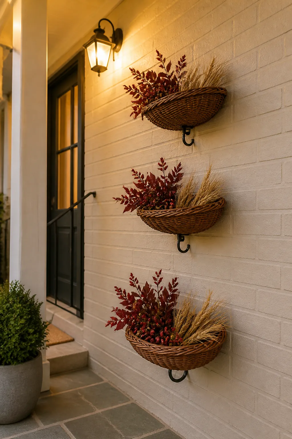 Small harvest baskets hanging from secure porch wall hooks